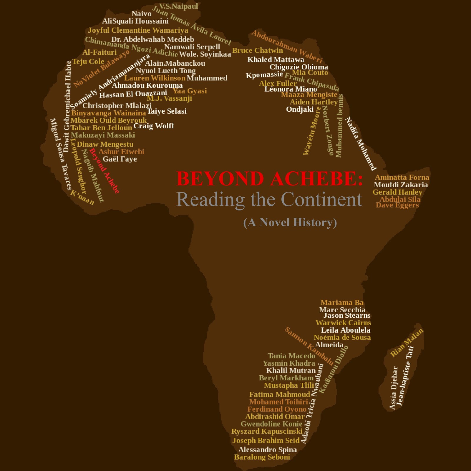 Map of Africa with author names marked by country — the future book cover